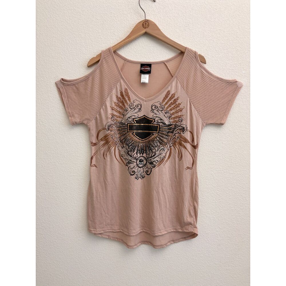 Harley-Davidson L Rhinestone Cold Shoulder Graphic Top Made in USA